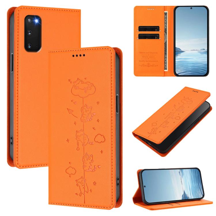 Cute Cats Embossed Magnetic RFID Vegan Leather Phone Case, For Samsung Galaxy S20 FE, For Samsung Galaxy S22 Ultra 5G, For Samsung Galaxy S22+ 5G, For Samsung Galaxy S22 5G