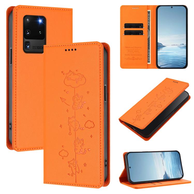 Cute Cats Embossed Magnetic RFID Vegan Leather Phone Case, For Samsung Galaxy Note20 Ultra, For Samsung Galaxy Note20, For Samsung Galaxy S20 Ultra, For Samsung Galaxy S20