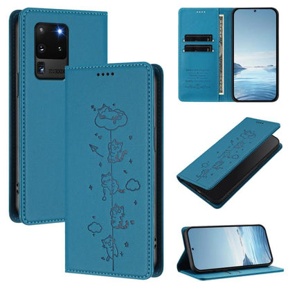 Cute Cats Embossed Magnetic RFID Vegan Leather Phone Case, For Samsung Galaxy Note20 Ultra, For Samsung Galaxy Note20, For Samsung Galaxy S20 Ultra, For Samsung Galaxy S20