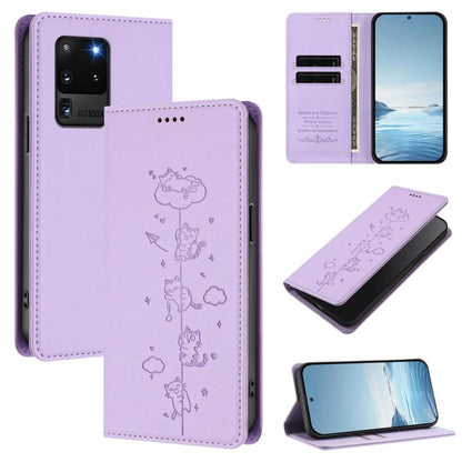 Cute Cats Embossed Magnetic RFID Vegan Leather Phone Case, For Samsung Galaxy Note20 Ultra, For Samsung Galaxy Note20, For Samsung Galaxy S20 Ultra, For Samsung Galaxy S20