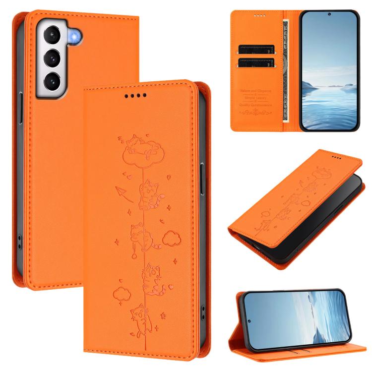 Cute Cats Embossed Magnetic RFID Vegan Leather Phone Case, For Samsung Galaxy S21 FE 5G, For Samsung Galaxy S21 5G, For Samsung Galaxy S21+ 5G, For Samsung Galaxy S21 Ultra 5G