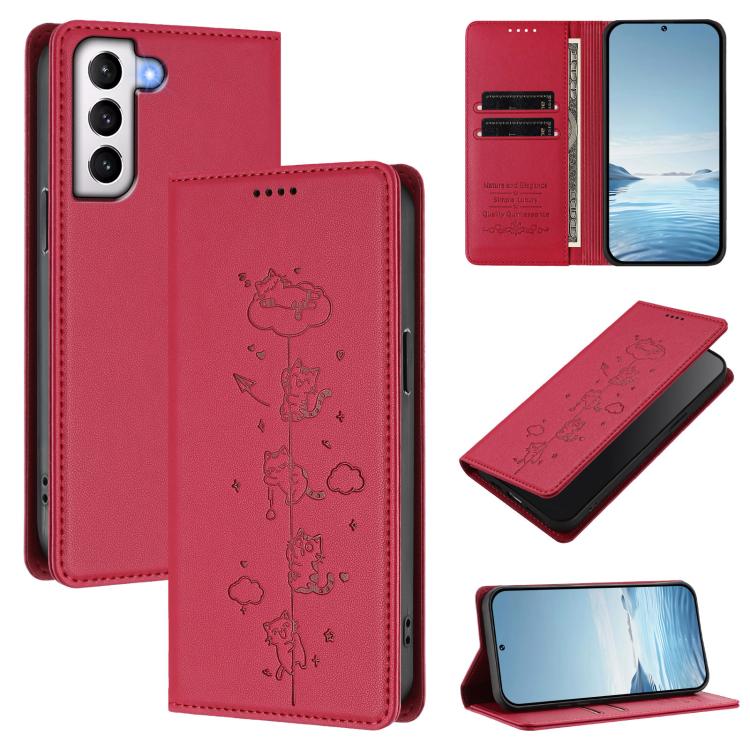 Cute Cats Embossed Magnetic RFID Vegan Leather Phone Case, For Samsung Galaxy S21 FE 5G, For Samsung Galaxy S21 5G, For Samsung Galaxy S21+ 5G, For Samsung Galaxy S21 Ultra 5G