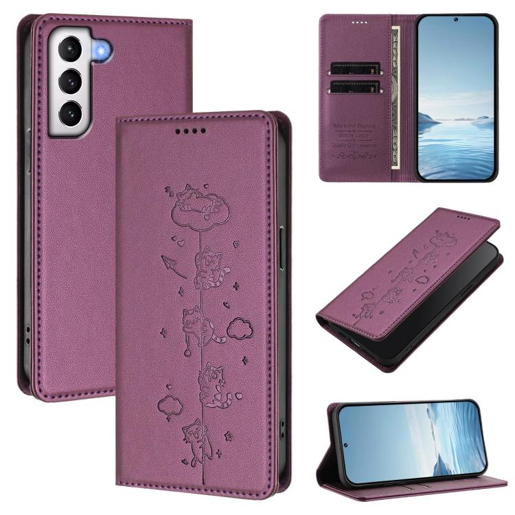 Cute Cats Embossed Magnetic RFID Vegan Leather Phone Case, For Samsung Galaxy S21 FE 5G, For Samsung Galaxy S21 5G, For Samsung Galaxy S21+ 5G, For Samsung Galaxy S21 Ultra 5G