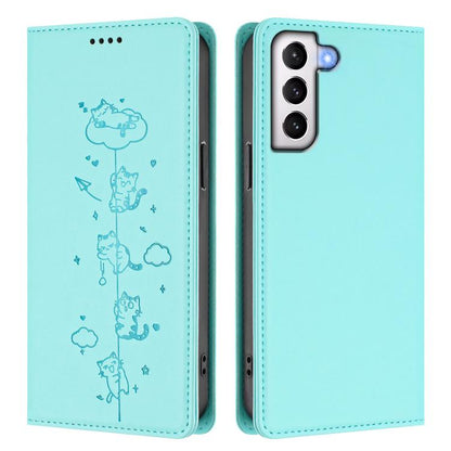 Cute Cats Embossed Magnetic RFID Vegan Leather Phone Case, For Samsung Galaxy S21 FE 5G, For Samsung Galaxy S21 5G, For Samsung Galaxy S21+ 5G, For Samsung Galaxy S21 Ultra 5G