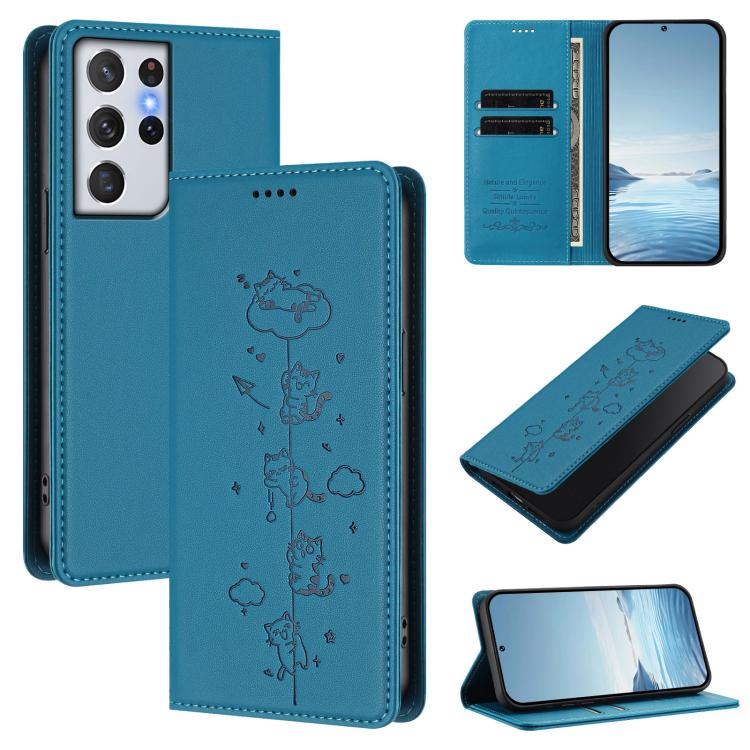 Cute Cats Embossed Magnetic RFID Vegan Leather Phone Case, For Samsung Galaxy S21 FE 5G, For Samsung Galaxy S21 5G, For Samsung Galaxy S21+ 5G, For Samsung Galaxy S21 Ultra 5G