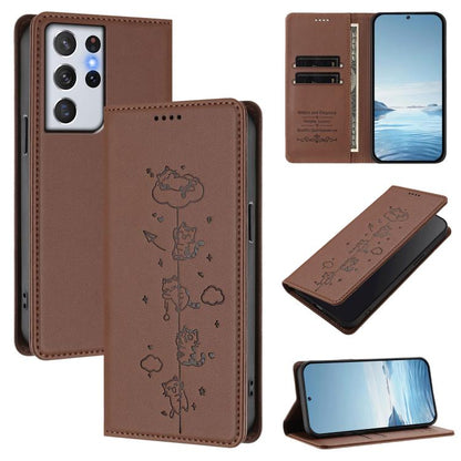 Cute Cats Embossed Magnetic RFID Vegan Leather Phone Case, For Samsung Galaxy S21 FE 5G, For Samsung Galaxy S21 5G, For Samsung Galaxy S21+ 5G, For Samsung Galaxy S21 Ultra 5G