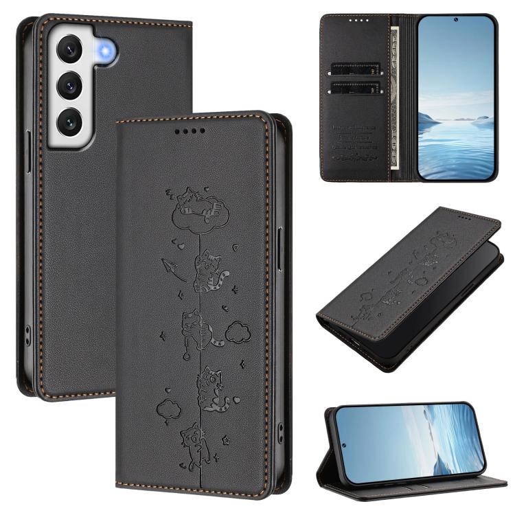 Cute Cats Embossed Magnetic RFID Vegan Leather Phone Case, For Samsung Galaxy S20 FE, For Samsung Galaxy S22 Ultra 5G, For Samsung Galaxy S22+ 5G, For Samsung Galaxy S22 5G