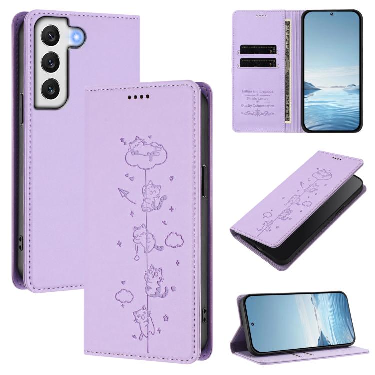 Cute Cats Embossed Magnetic RFID Vegan Leather Phone Case, For Samsung Galaxy S20 FE, For Samsung Galaxy S22 Ultra 5G, For Samsung Galaxy S22+ 5G, For Samsung Galaxy S22 5G