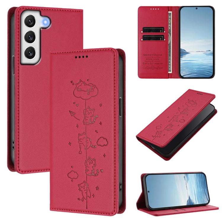 Cute Cats Embossed Magnetic RFID Vegan Leather Phone Case, For Samsung Galaxy S20 FE, For Samsung Galaxy S22 Ultra 5G, For Samsung Galaxy S22+ 5G, For Samsung Galaxy S22 5G