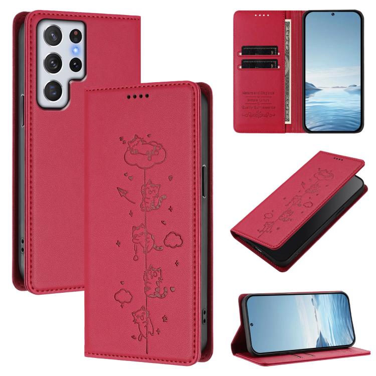 Cute Cats Embossed Magnetic RFID Vegan Leather Phone Case, For Samsung Galaxy S20 FE, For Samsung Galaxy S22 Ultra 5G, For Samsung Galaxy S22+ 5G, For Samsung Galaxy S22 5G