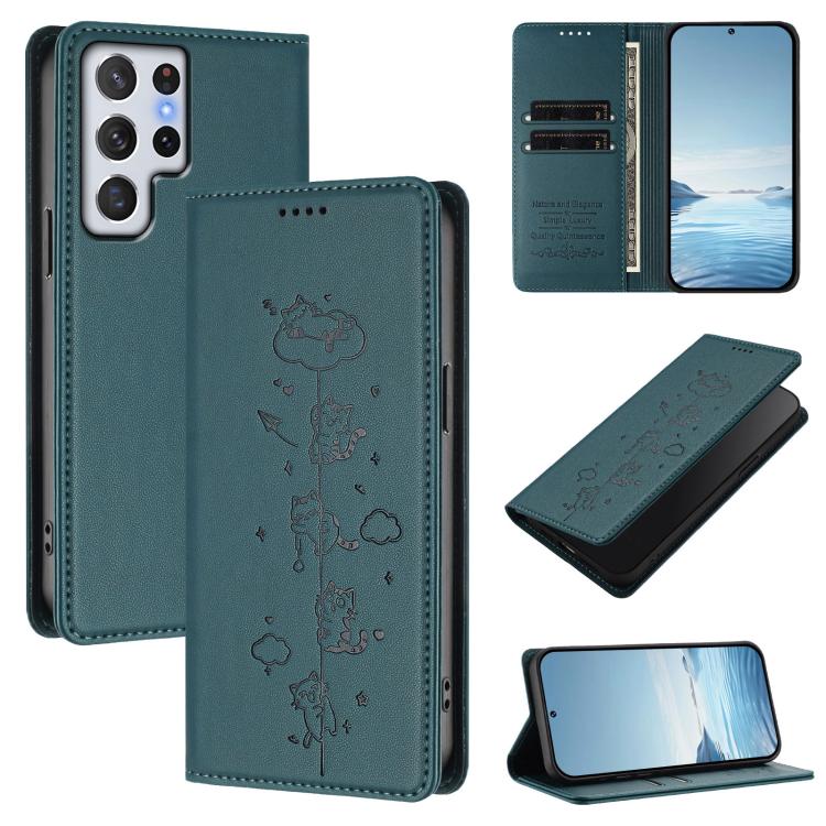 Cute Cats Embossed Magnetic RFID Vegan Leather Phone Case, For Samsung Galaxy S20 FE, For Samsung Galaxy S22 Ultra 5G, For Samsung Galaxy S22+ 5G, For Samsung Galaxy S22 5G
