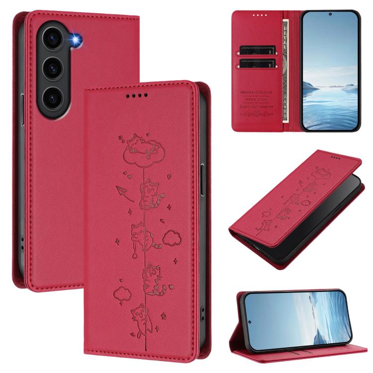 Cute Cats Embossed Magnetic RFID Vegan Leather Phone Case, For Samsung Galaxy S23 FE 5G, For Samsung Galaxy S23 Ultra 5G, For Samsung Galaxy S23+ 5G, For Samsung Galaxy S23 5G