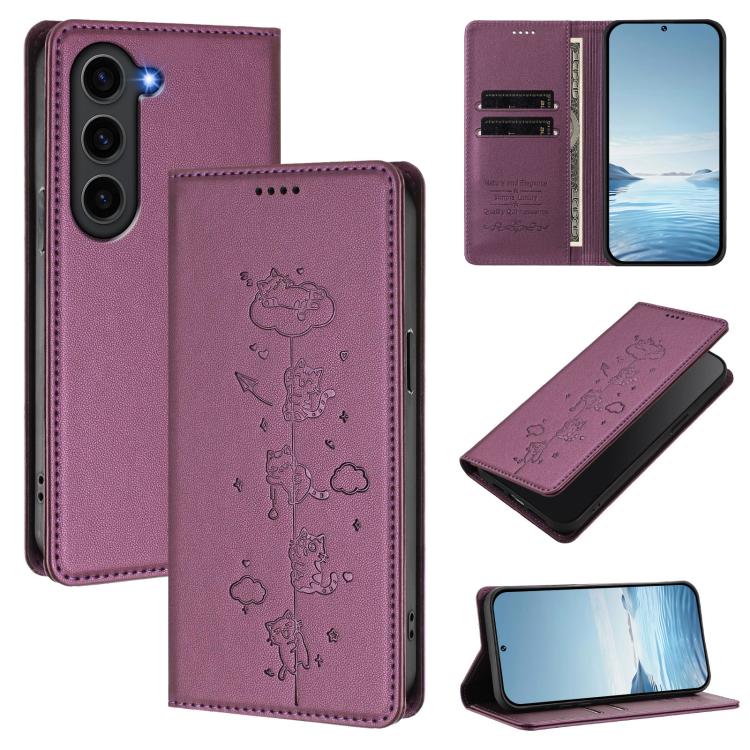 Cute Cats Embossed Magnetic RFID Vegan Leather Phone Case, For Samsung Galaxy S23 FE 5G, For Samsung Galaxy S23 Ultra 5G, For Samsung Galaxy S23+ 5G, For Samsung Galaxy S23 5G