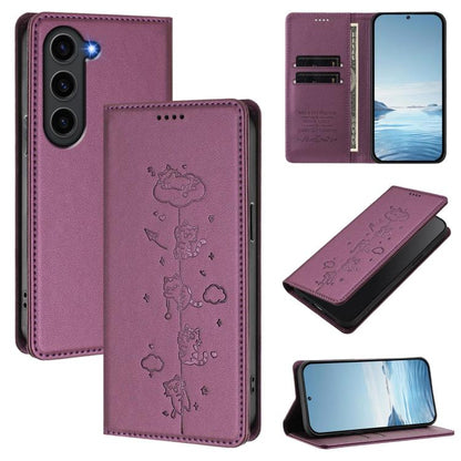 Cute Cats Embossed Magnetic RFID Vegan Leather Phone Case, For Samsung Galaxy S23 FE 5G, For Samsung Galaxy S23 Ultra 5G, For Samsung Galaxy S23+ 5G, For Samsung Galaxy S23 5G