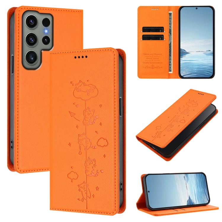 Cute Cats Embossed Magnetic RFID Vegan Leather Phone Case, For Samsung Galaxy S23 FE 5G, For Samsung Galaxy S23 Ultra 5G, For Samsung Galaxy S23+ 5G, For Samsung Galaxy S23 5G