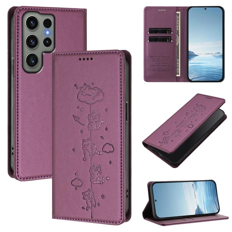 Cute Cats Embossed Magnetic RFID Vegan Leather Phone Case, For Samsung Galaxy S23 FE 5G, For Samsung Galaxy S23 Ultra 5G, For Samsung Galaxy S23+ 5G, For Samsung Galaxy S23 5G