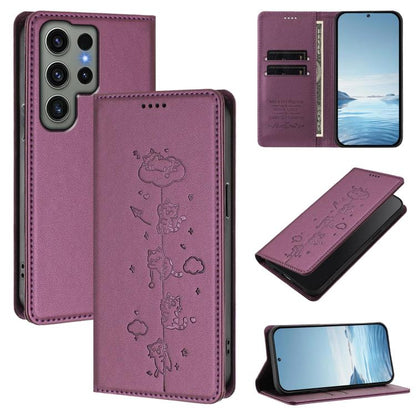 Cute Cats Embossed Magnetic RFID Vegan Leather Phone Case, For Samsung Galaxy S23 FE 5G, For Samsung Galaxy S23 Ultra 5G, For Samsung Galaxy S23+ 5G, For Samsung Galaxy S23 5G