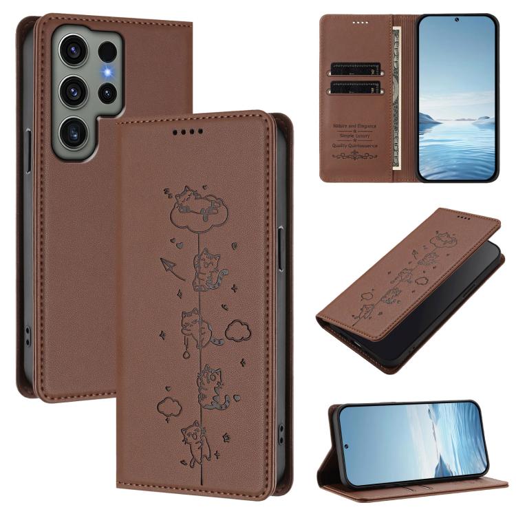 Cute Cats Embossed Magnetic RFID Vegan Leather Phone Case, For Samsung Galaxy S23 FE 5G, For Samsung Galaxy S23 Ultra 5G, For Samsung Galaxy S23+ 5G, For Samsung Galaxy S23 5G