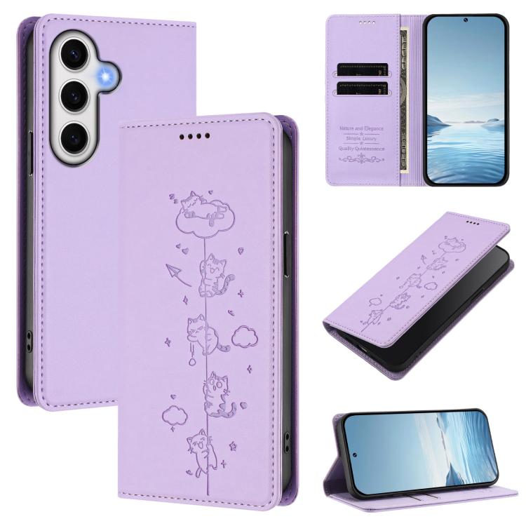 Cute Cats Embossed Magnetic RFID Vegan Leather Phone Case, For Samsung Galaxy S25+ / S24+ 5G, For Samsung Galaxy S25 Ultra 5G, For Samsung Galaxy S24 FE 5G, For Samsung Galaxy S24 Ultra 5G