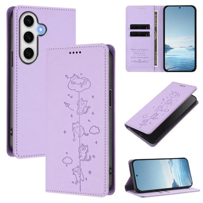 Cute Cats Embossed Magnetic RFID Vegan Leather Phone Case, For Samsung Galaxy S25+ / S24+ 5G, For Samsung Galaxy S25 Ultra 5G, For Samsung Galaxy S24 FE 5G, For Samsung Galaxy S24 Ultra 5G