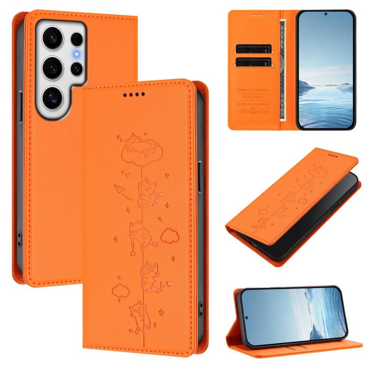 Cute Cats Embossed Magnetic RFID Vegan Leather Phone Case, For Samsung Galaxy S25+ / S24+ 5G, For Samsung Galaxy S25 Ultra 5G, For Samsung Galaxy S24 FE 5G, For Samsung Galaxy S24 Ultra 5G