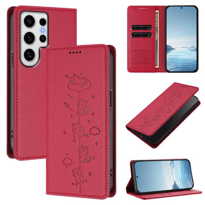 Cute Cats Embossed Magnetic RFID Vegan Leather Phone Case, For Samsung Galaxy S25+ / S24+ 5G, For Samsung Galaxy S25 Ultra 5G, For Samsung Galaxy S24 FE 5G, For Samsung Galaxy S24 Ultra 5G