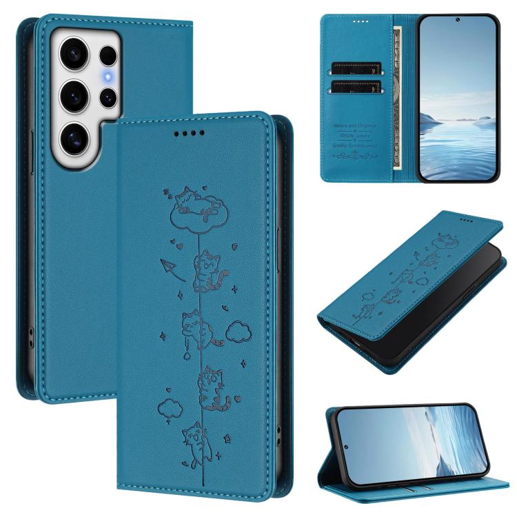 Cute Cats Embossed Magnetic RFID Vegan Leather Phone Case, For Samsung Galaxy S25+ / S24+ 5G, For Samsung Galaxy S25 Ultra 5G, For Samsung Galaxy S24 FE 5G, For Samsung Galaxy S24 Ultra 5G