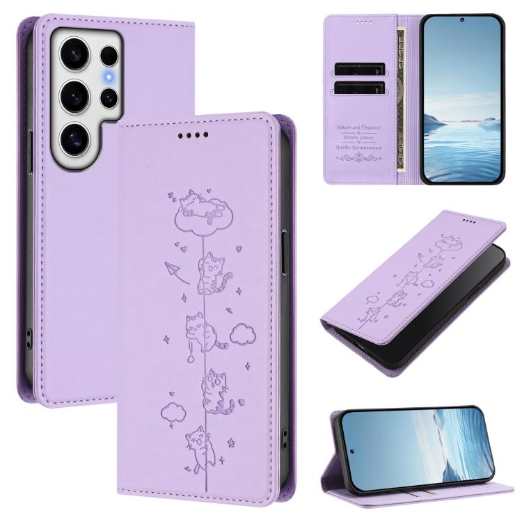 Cute Cats Embossed Magnetic RFID Vegan Leather Phone Case, For Samsung Galaxy S25+ / S24+ 5G, For Samsung Galaxy S25 Ultra 5G, For Samsung Galaxy S24 FE 5G, For Samsung Galaxy S24 Ultra 5G
