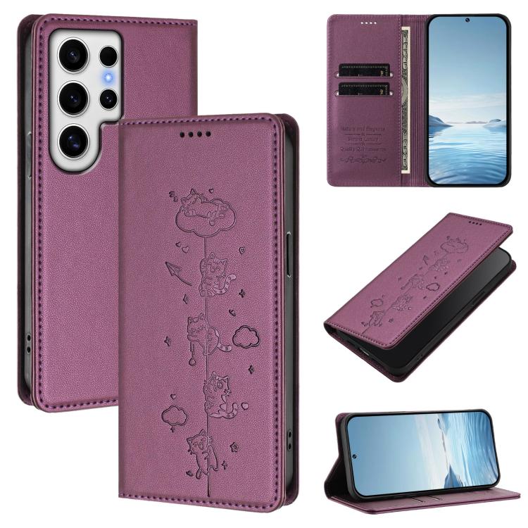 Cute Cats Embossed Magnetic RFID Vegan Leather Phone Case, For Samsung Galaxy S25+ / S24+ 5G, For Samsung Galaxy S25 Ultra 5G, For Samsung Galaxy S24 FE 5G, For Samsung Galaxy S24 Ultra 5G