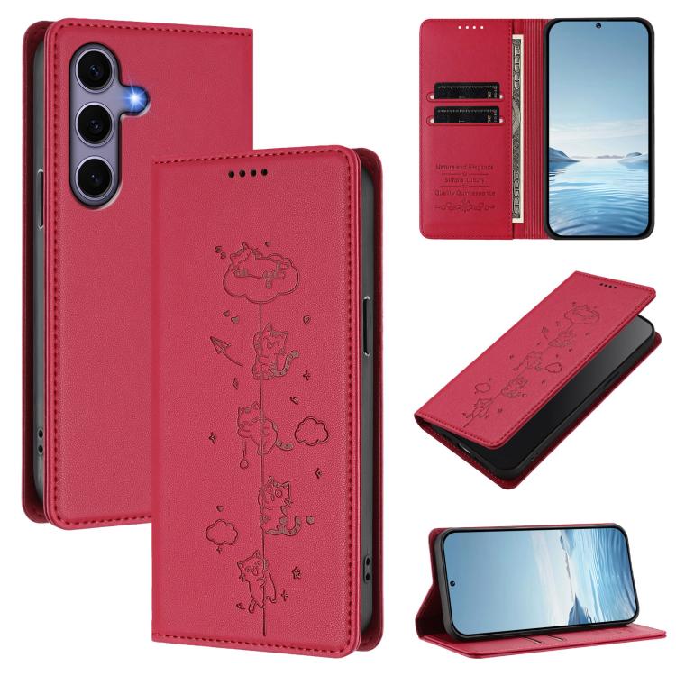 Cute Cats Embossed Magnetic RFID Vegan Leather Phone Case, For Samsung Galaxy S26 5G, For Samsung Galaxy S25 FE 5G, For Samsung Galaxy S25 Edge 5G, For Samsung Galaxy S25 / S24 5G