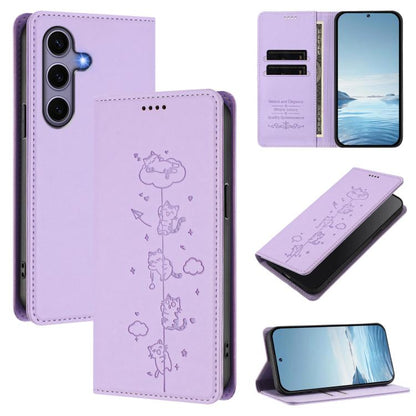 Cute Cats Embossed Magnetic RFID Vegan Leather Phone Case, For Samsung Galaxy S26 5G, For Samsung Galaxy S25 FE 5G, For Samsung Galaxy S25 Edge 5G, For Samsung Galaxy S25 / S24 5G