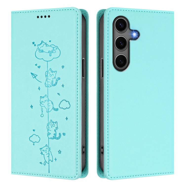 Cute Cats Embossed Magnetic RFID Vegan Leather Phone Case, For Samsung Galaxy S25+ / S24+ 5G, For Samsung Galaxy S25 Ultra 5G, For Samsung Galaxy S24 FE 5G, For Samsung Galaxy S24 Ultra 5G