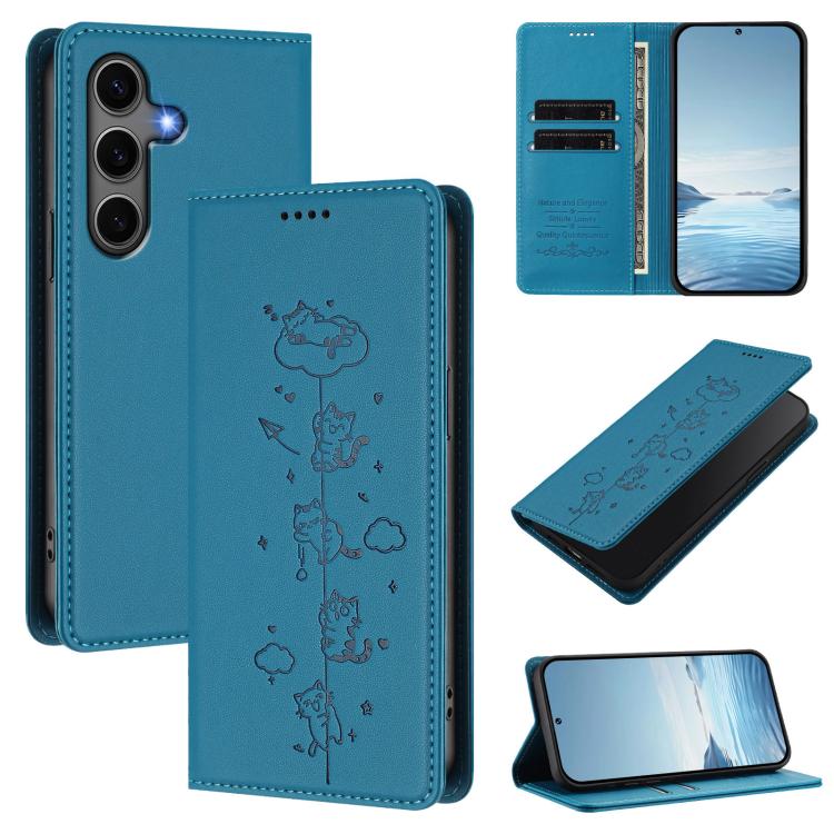 Cute Cats Embossed Magnetic RFID Vegan Leather Phone Case, For Samsung Galaxy S25+ / S24+ 5G, For Samsung Galaxy S25 Ultra 5G, For Samsung Galaxy S24 FE 5G, For Samsung Galaxy S24 Ultra 5G