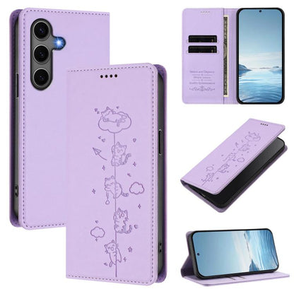 Cute Cats Embossed Magnetic RFID Vegan Leather Phone Case, For Samsung Galaxy S25+ / S24+ 5G, For Samsung Galaxy S25 Ultra 5G, For Samsung Galaxy S24 FE 5G, For Samsung Galaxy S24 Ultra 5G