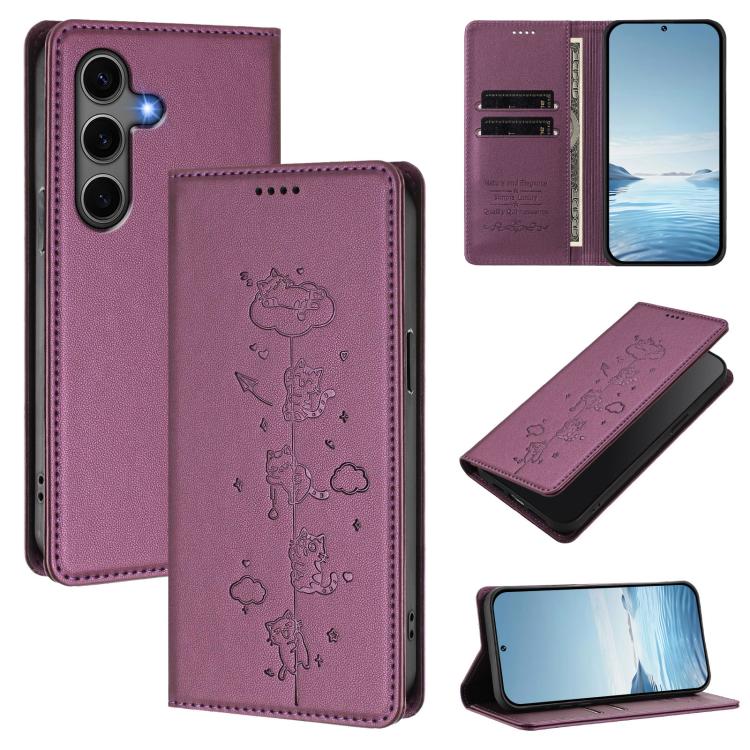 Cute Cats Embossed Magnetic RFID Vegan Leather Phone Case, For Samsung Galaxy S25+ / S24+ 5G, For Samsung Galaxy S25 Ultra 5G, For Samsung Galaxy S24 FE 5G, For Samsung Galaxy S24 Ultra 5G