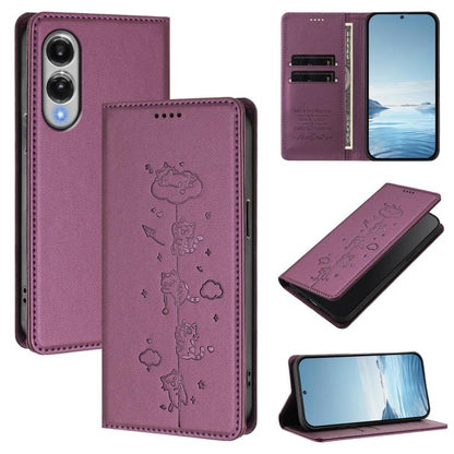 Cute Cats Embossed Magnetic RFID Vegan Leather Phone Case, For Samsung Galaxy S26 5G, For Samsung Galaxy S25 FE 5G, For Samsung Galaxy S25 Edge 5G, For Samsung Galaxy S25 / S24 5G