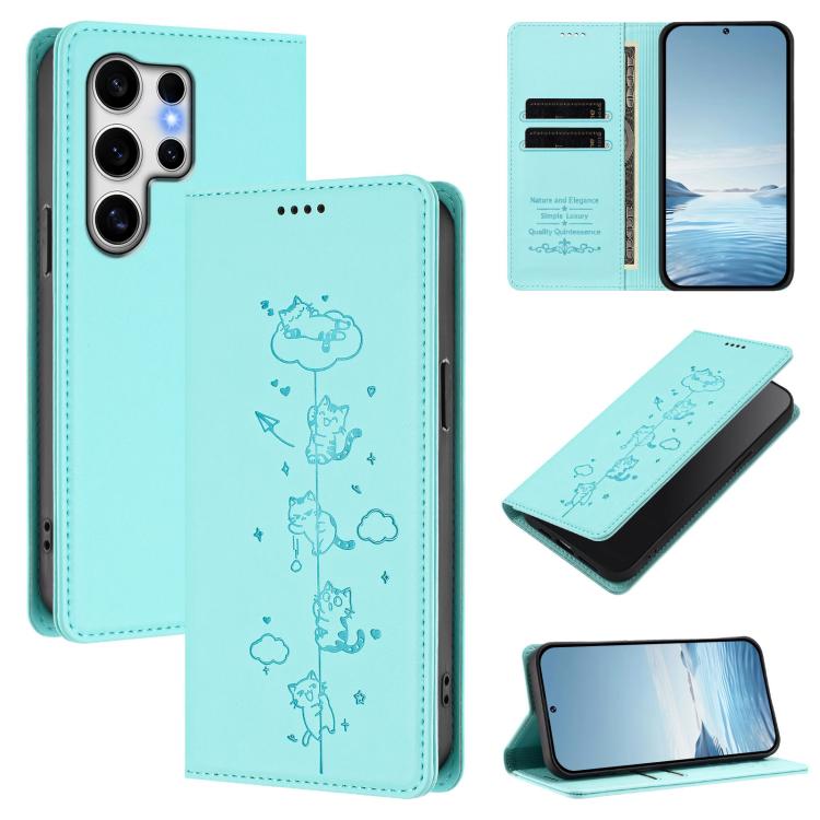 Cute Cats Embossed Magnetic RFID Vegan Leather Phone Case, For Samsung Galaxy S25+ / S24+ 5G, For Samsung Galaxy S25 Ultra 5G, For Samsung Galaxy S24 FE 5G, For Samsung Galaxy S24 Ultra 5G