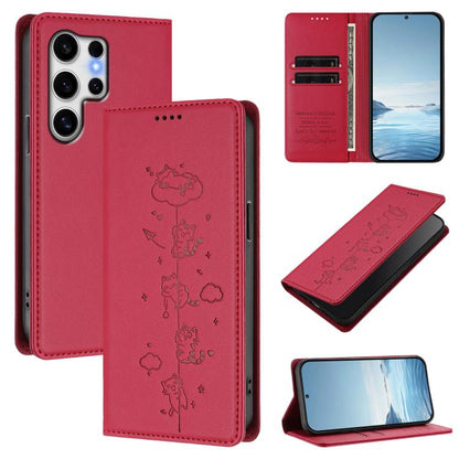 Cute Cats Embossed Magnetic RFID Vegan Leather Phone Case, For Samsung Galaxy S25+ / S24+ 5G, For Samsung Galaxy S25 Ultra 5G, For Samsung Galaxy S24 FE 5G, For Samsung Galaxy S24 Ultra 5G