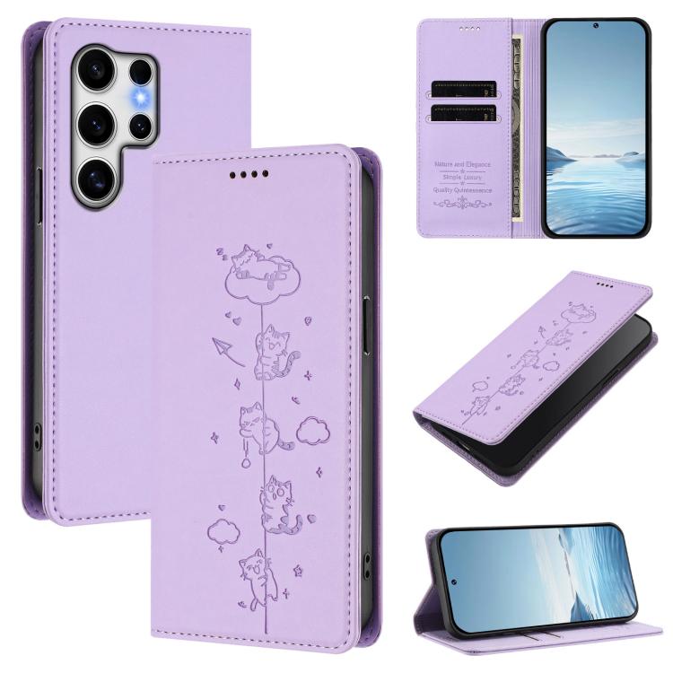 Cute Cats Embossed Magnetic RFID Vegan Leather Phone Case, For Samsung Galaxy S25+ / S24+ 5G, For Samsung Galaxy S25 Ultra 5G, For Samsung Galaxy S24 FE 5G, For Samsung Galaxy S24 Ultra 5G