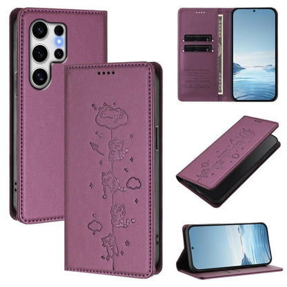 Cute Cats Embossed Magnetic RFID Vegan Leather Phone Case, For Samsung Galaxy S25+ / S24+ 5G, For Samsung Galaxy S25 Ultra 5G, For Samsung Galaxy S24 FE 5G, For Samsung Galaxy S24 Ultra 5G