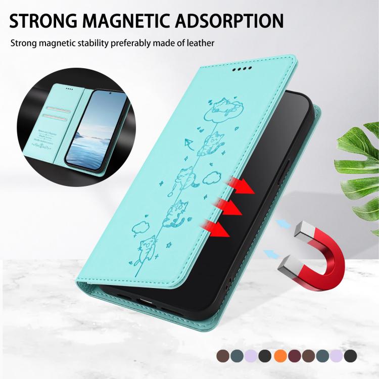 Cute Cats Embossed Magnetic RFID Vegan Leather Phone Case, For Samsung Galaxy S26 5G, For Samsung Galaxy S25 FE 5G, For Samsung Galaxy S25 Edge 5G, For Samsung Galaxy S25 / S24 5G