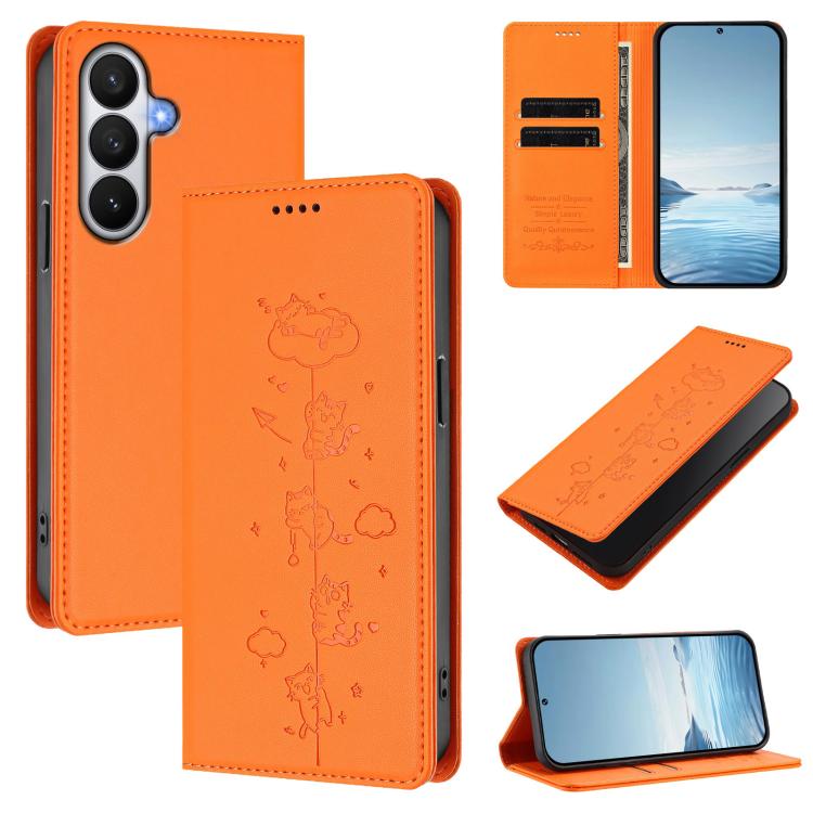 Cute Cats Embossed Magnetic RFID Vegan Leather Phone Case, For Samsung Galaxy S26 5G, For Samsung Galaxy S25 FE 5G, For Samsung Galaxy S25 Edge 5G, For Samsung Galaxy S25 / S24 5G