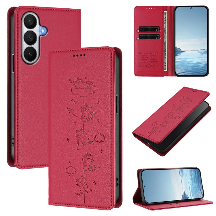 Cute Cats Embossed Magnetic RFID Vegan Leather Phone Case, For Samsung Galaxy S26 5G, For Samsung Galaxy S25 FE 5G, For Samsung Galaxy S25 Edge 5G, For Samsung Galaxy S25 / S24 5G