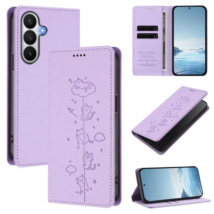 Cute Cats Embossed Magnetic RFID Vegan Leather Phone Case, For Samsung Galaxy S26 5G, For Samsung Galaxy S25 FE 5G, For Samsung Galaxy S25 Edge 5G, For Samsung Galaxy S25 / S24 5G