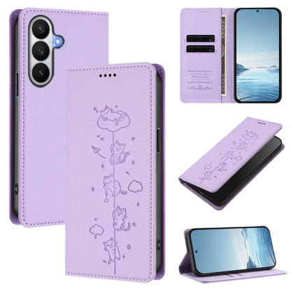 Cute Cats Embossed Magnetic RFID Vegan Leather Phone Case, For Samsung Galaxy S26 5G, For Samsung Galaxy S25 FE 5G, For Samsung Galaxy S25 Edge 5G, For Samsung Galaxy S25 / S24 5G