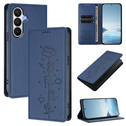 Cute Cats Embossed Magnetic RFID Vegan Leather Phone Case, For Samsung Galaxy S26 5G, For Samsung Galaxy S25 FE 5G, For Samsung Galaxy S25 Edge 5G, For Samsung Galaxy S25 / S24 5G
