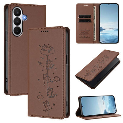 Cute Cats Embossed Magnetic RFID Vegan Leather Phone Case, For Samsung Galaxy S26 5G, For Samsung Galaxy S25 FE 5G, For Samsung Galaxy S25 Edge 5G, For Samsung Galaxy S25 / S24 5G