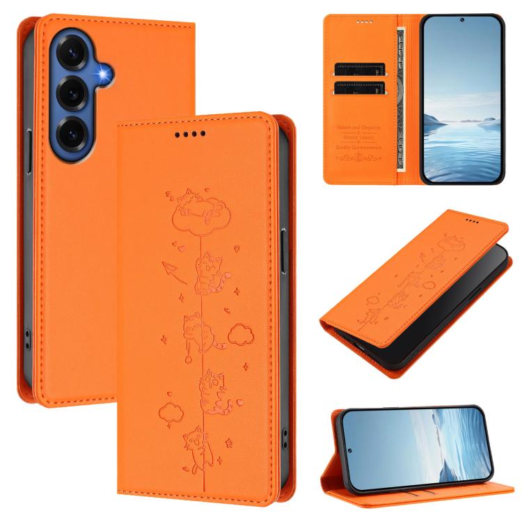 Cute Cats Embossed Magnetic RFID Vegan Leather Phone Case, For Galaxy S26 FE 5G, For Samsung Galaxy S26+ 5G, For Samsung Galaxy S26 Edge 5G, For Samsung Galaxy S26 Ultra 5G