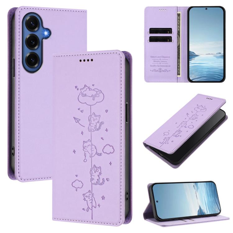 Cute Cats Embossed Magnetic RFID Vegan Leather Phone Case, For Galaxy S26 FE 5G, For Samsung Galaxy S26+ 5G, For Samsung Galaxy S26 Edge 5G, For Samsung Galaxy S26 Ultra 5G