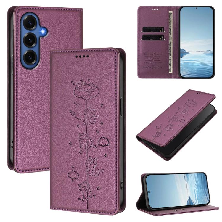 Cute Cats Embossed Magnetic RFID Vegan Leather Phone Case, For Galaxy S26 FE 5G, For Samsung Galaxy S26+ 5G, For Samsung Galaxy S26 Edge 5G, For Samsung Galaxy S26 Ultra 5G